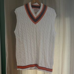 Brooks Brothers White Cable Knit V-Neck Sweater Vest with Orange and Brown Trim